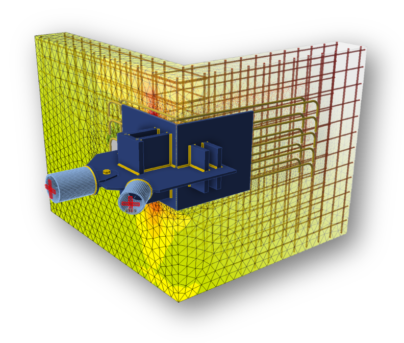 Cast-in plate connection finite-element model showing steel bracket, anchors, rebar and concrete stress distribution